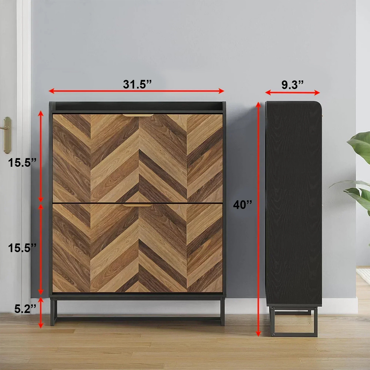 Modern Herringbone Wooden Shoe Cabinet β Slim 2 Flip Drawers