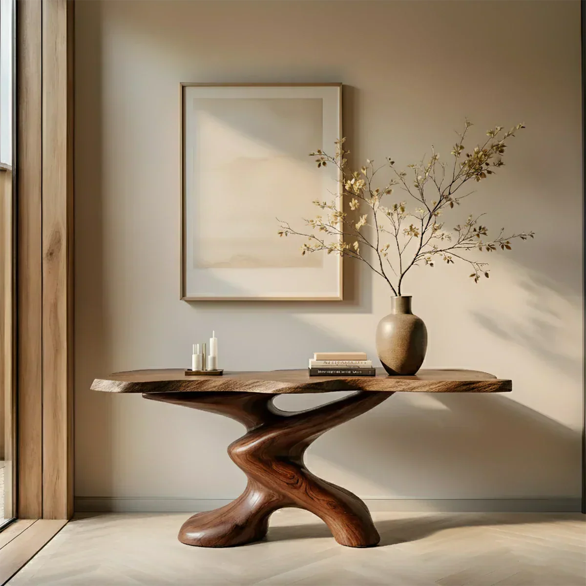 Sculptural Solid Wood Console Table — Organic Japandi Entryway Art Piece - Rustira