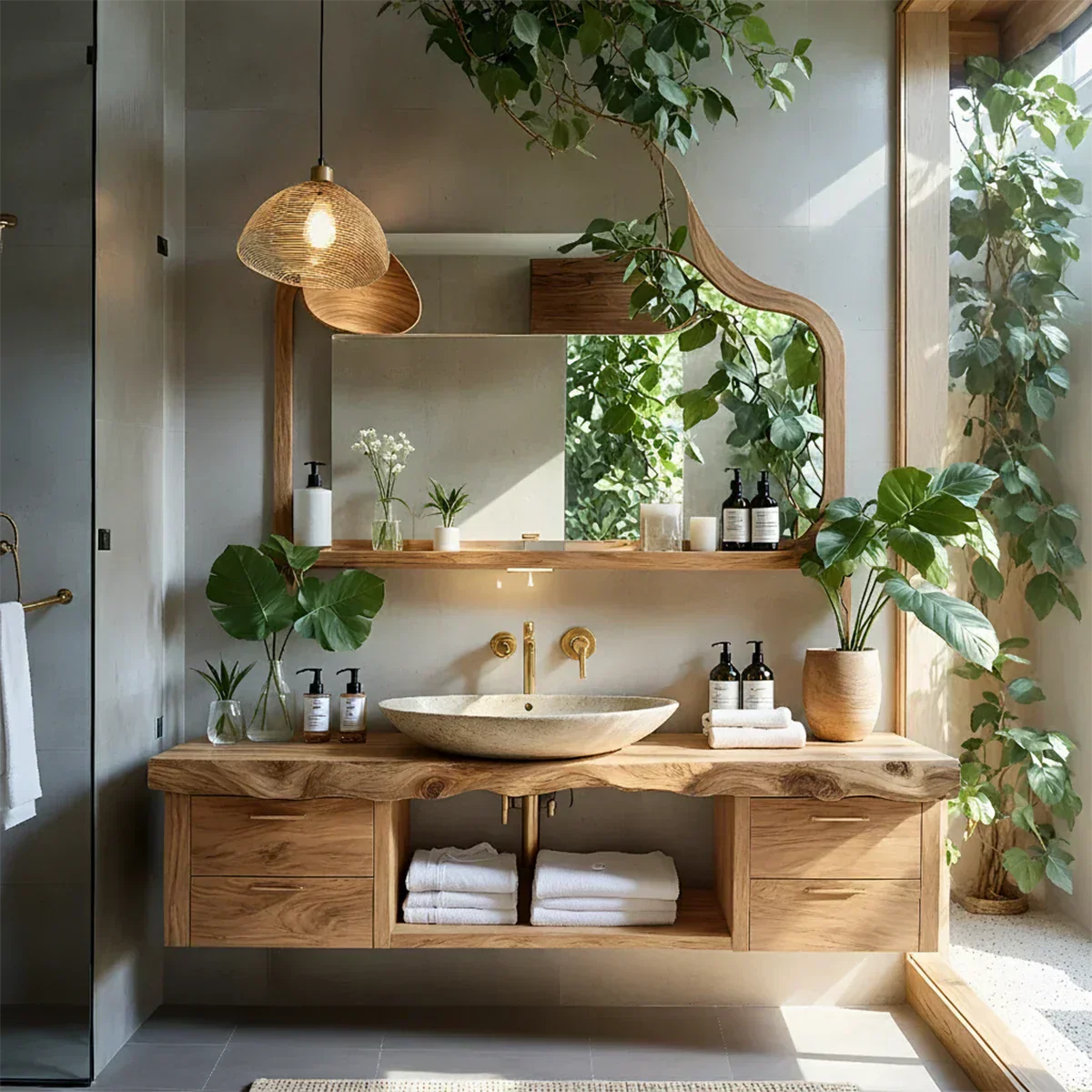 Artistic Live Edge Floating Vanity – Organic Japandi Spa Bathroom Console - Rustira