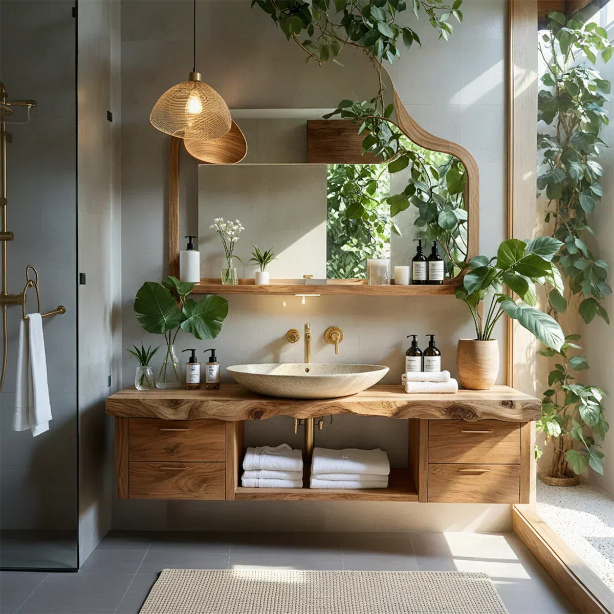 Artistic Live Edge Floating Vanity – Organic Japandi Spa Bathroom Console - Rustira
