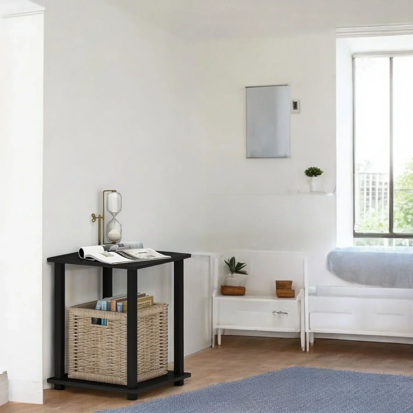 Black Side Table with Woven Basket Storage – Modern Minimalist Style