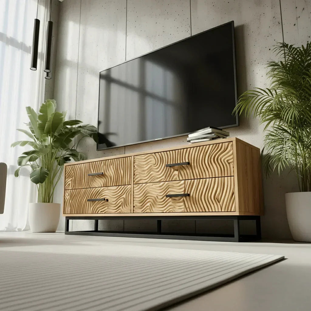 Carved Solid Wood TV Stand – Modern Textured Media Console with Metal Base - Rustira