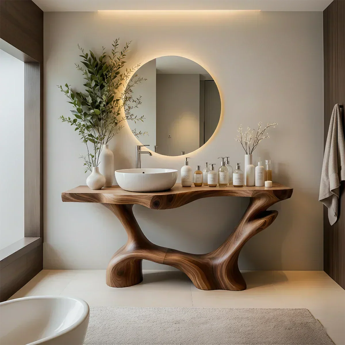 Double-Sculpted Wood Pedestal Vanity – Organic Modern Bathroom Sink Table - Rustira