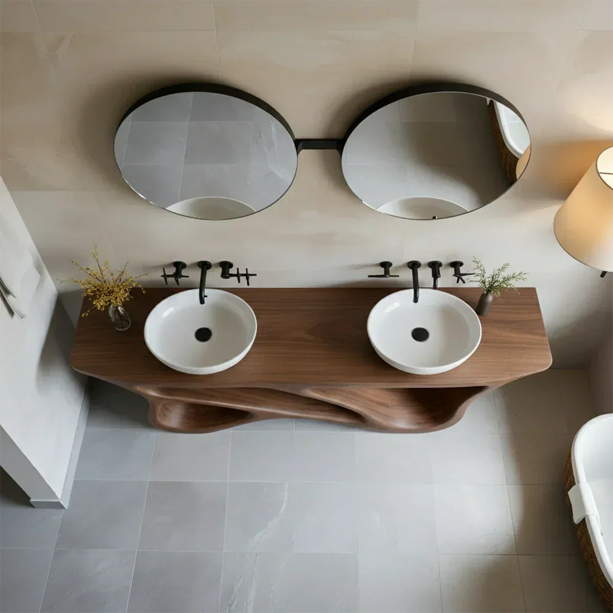 Double Sink Solid Walnut Vanity with Sculptural Flow Design - Rustira