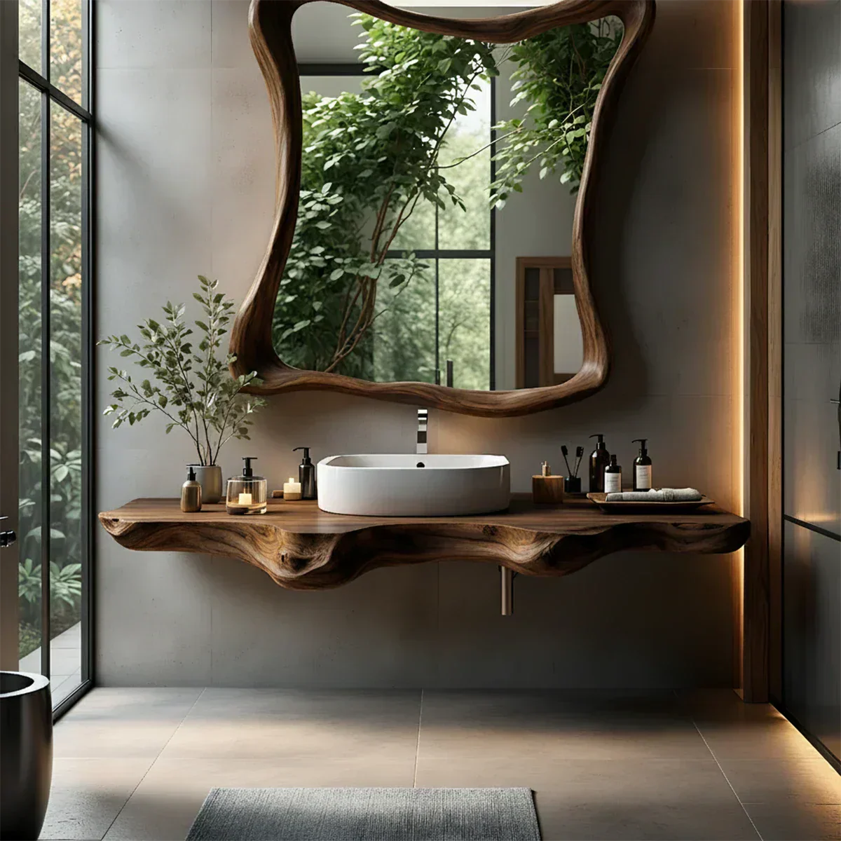 Organic Live Edge Floating Bathroom Vanity with Sculpted Frame Mirror - Rustira