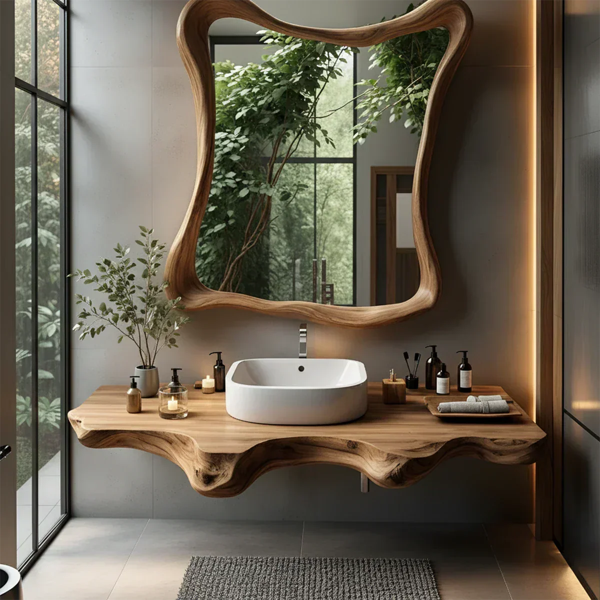 Organic Live Edge Floating Bathroom Vanity with Sculpted Frame Mirror - Rustira