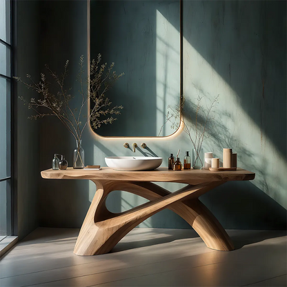 FlowForm Vanity – Modern Sculpted Solid Wood Bathroom Console - Rustira