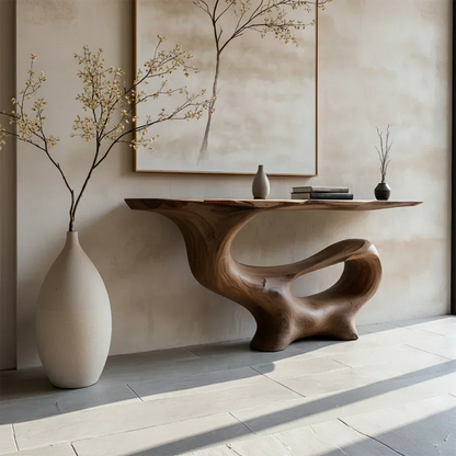 Fluid Sculpted Solid Wood Console Table — Organic Luxury Entryway Art Piece - Rustira