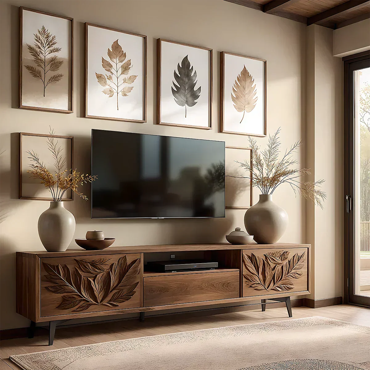 Hand-Carved Leaf Solid Wood TV Stand – Botanical Media Console - Rustira