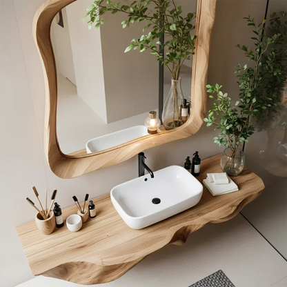 Handcrafted Live Edge Floating Bathroom Vanity Shelf With Mirror Frame - Rustira