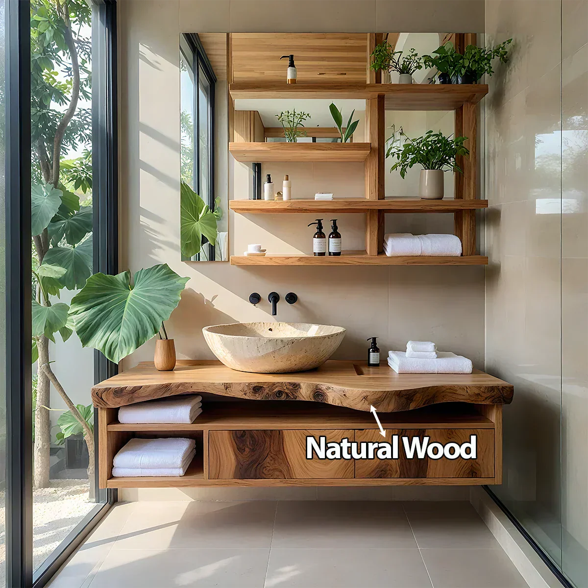 Live Edge Floating Wood Vanity with Shelves – Japandi Spa Sink Console - Rustira