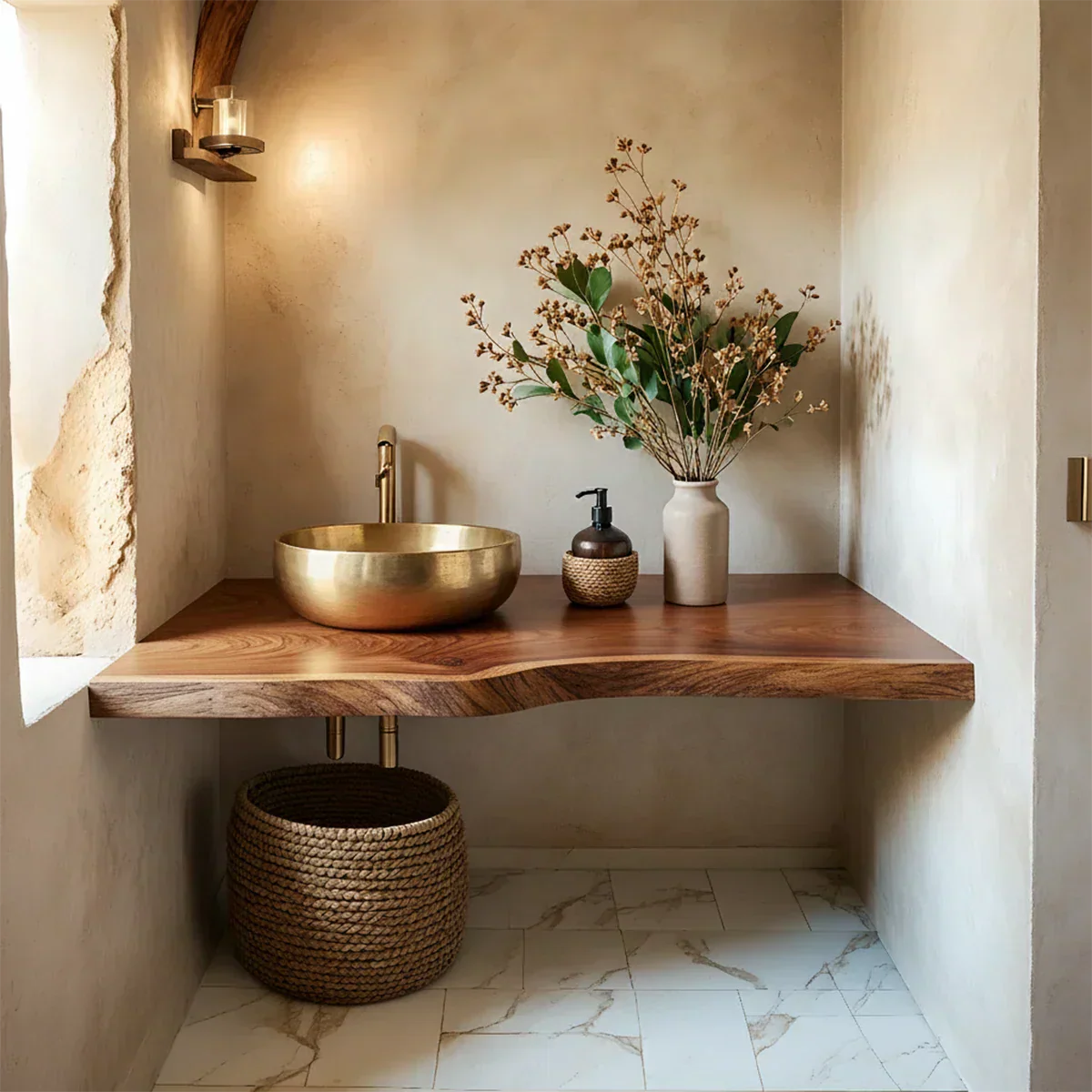 Live Edge Solid Wood Bathroom Vanity Shelf – Custom Floating Slab - Rustira