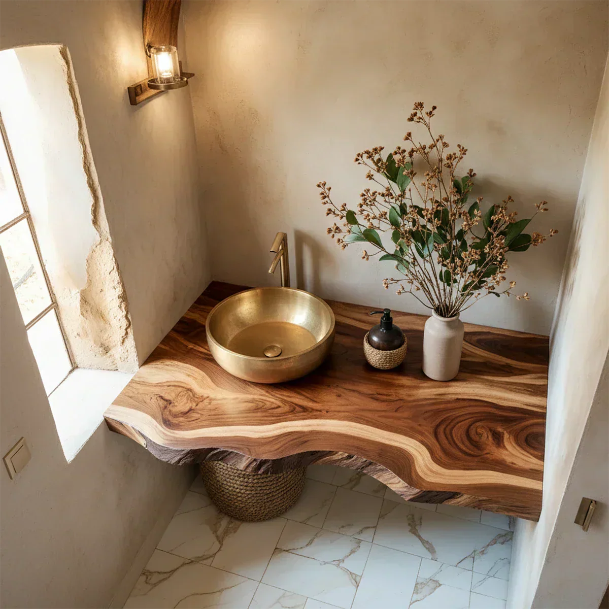 Live Edge Solid Wood Bathroom Vanity Shelf – Custom Floating Slab - Rustira