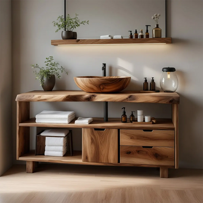 Live Edge Solid Wood Bathroom Vanity with Open Shelves & Drawers - Rustira