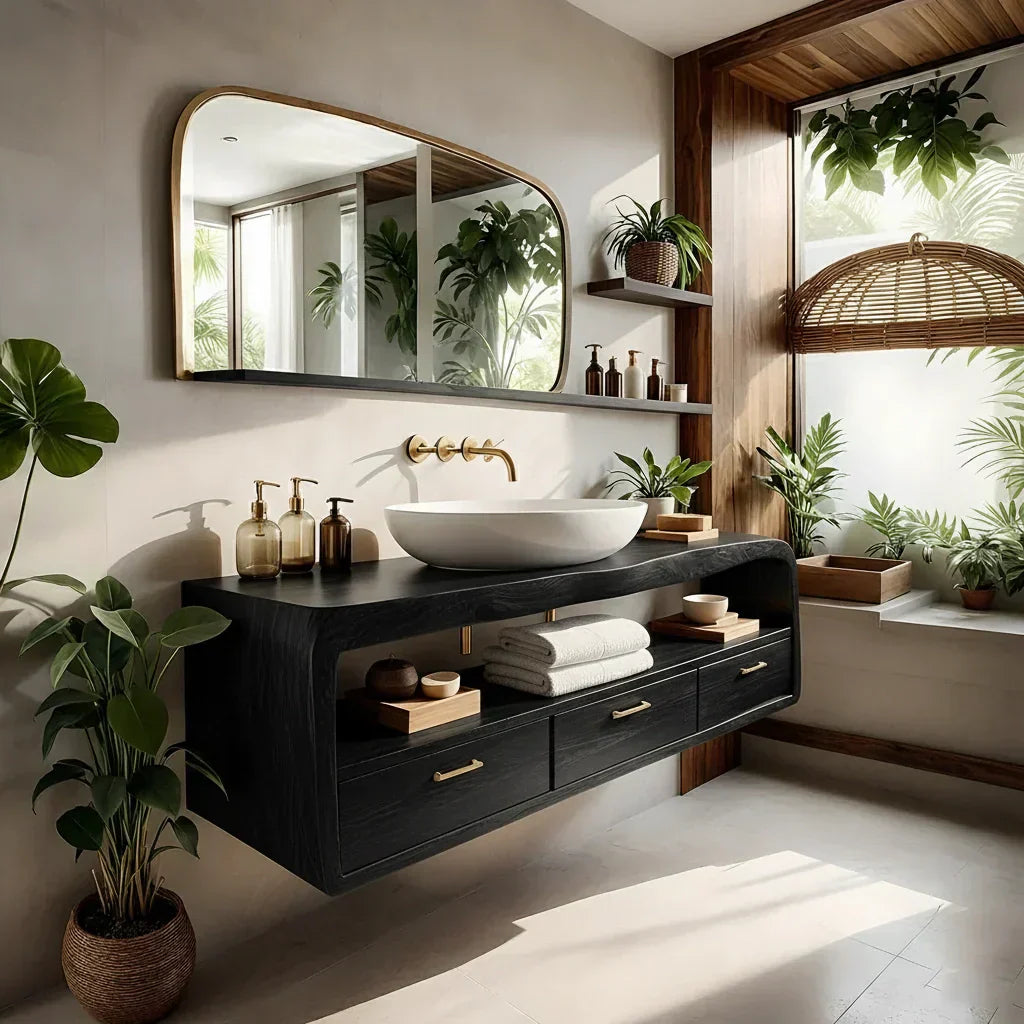 Live-Edge Walnut Floating Bathroom Vanity - Solid Wood Bathroom Cabinet - Rustira