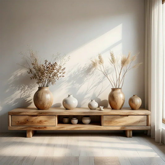 Low Solid Wood Japandi TV Stand – Minimal Zen Media Console - Rustira