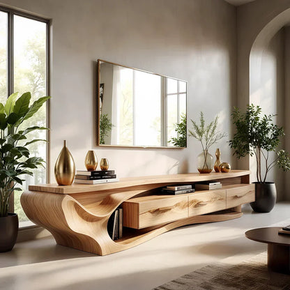 Luxury Wave-Carved Solid Wood TV Stand - Organic Modern Media Console - Rustira