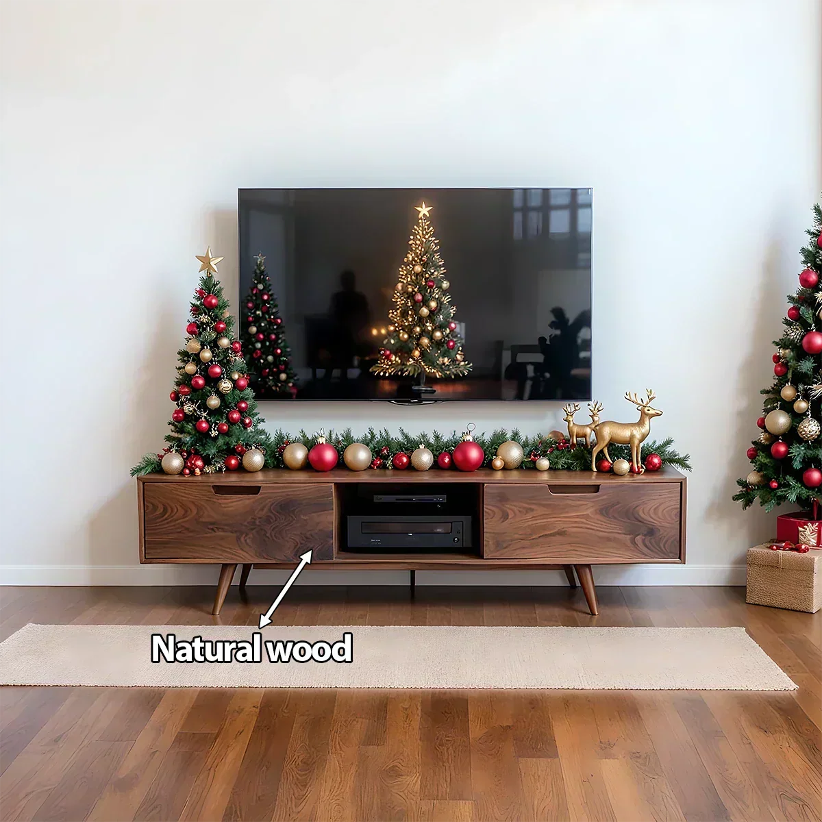 Mid-Century Modern Solid Wood TV Stand with Clean Walnut Finish - Rustira