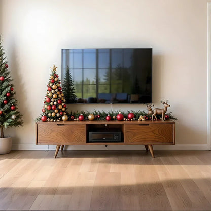 Mid-Century Solid Wood TV Stand with Tapered Legs & Storage Drawers - Rustira