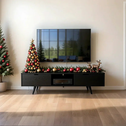 Mid-Century Solid Wood TV Stand with Tapered Legs & Storage Drawers - Rustira