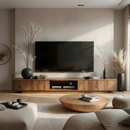 Minimalist Solid Wood Japandi TV Stand with Soft Grain & Open Shelf - Rustira