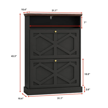 Modern Black 2-Tier Shoe Cabinet with X-Design & Top Shelf