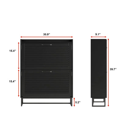 Modern Black Double Flip-Drawer Shoe Cabinet with Metal Base