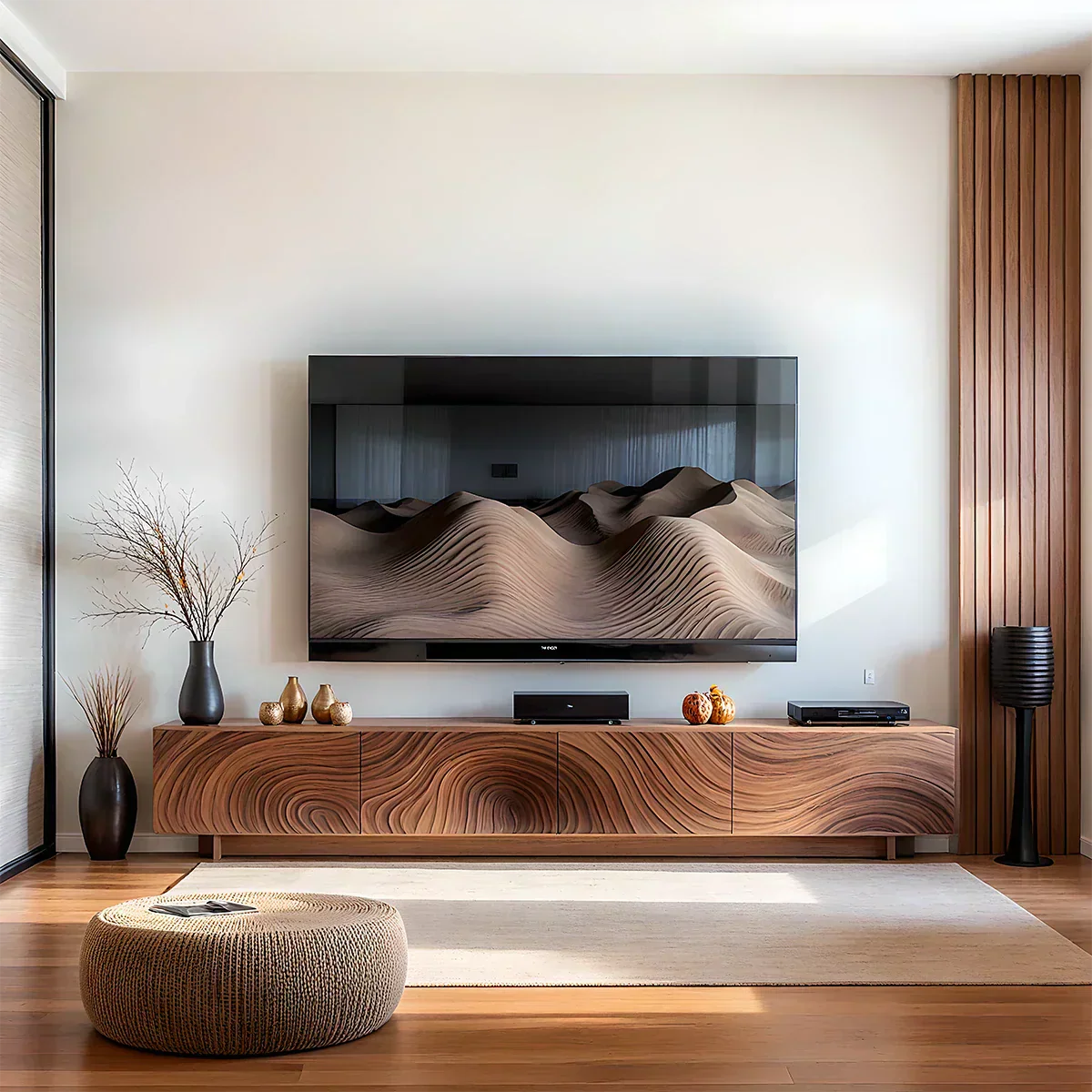 Modern Carved Wave Solid Wood TV Console – Luxury Organic Media Cabinet - Rustira