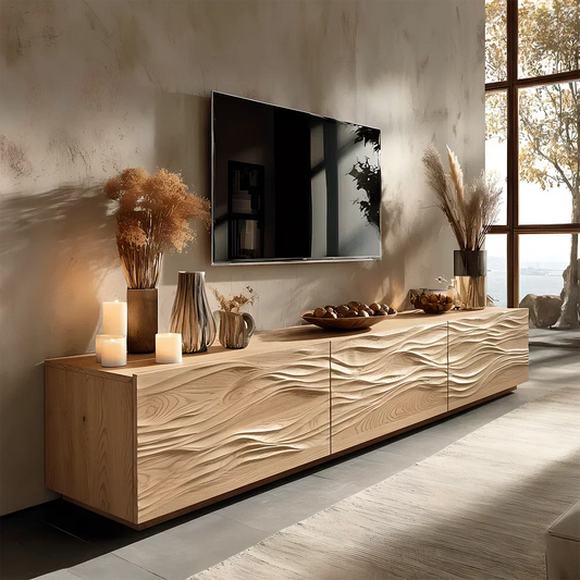 Modern Wavy Solid Wood TV Stand – Sculpted Minimalist Media Console - Rustira