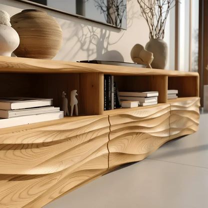 Oak Sculpted TV Stand with Open Shelves – Japandi Media Console - Rustira