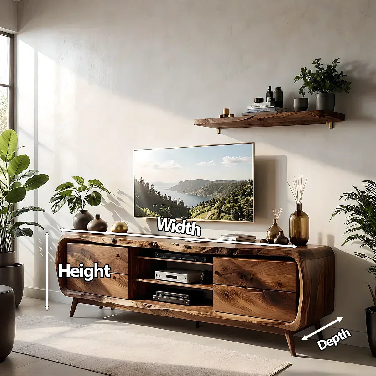 Rounded Edge Solid Wood TV Stand - Organic Modern Media Console - Rustira