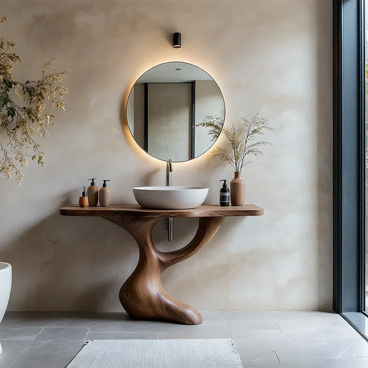 Sculptural Pedestal Wood Vanity – Organic Modern Bathroom Sink Table - Rustira