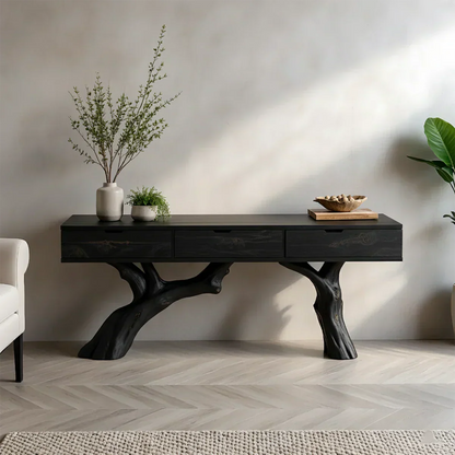Solid Wood Console Table with Branch-Style Base & Hidden Pull Drawers - Rustira