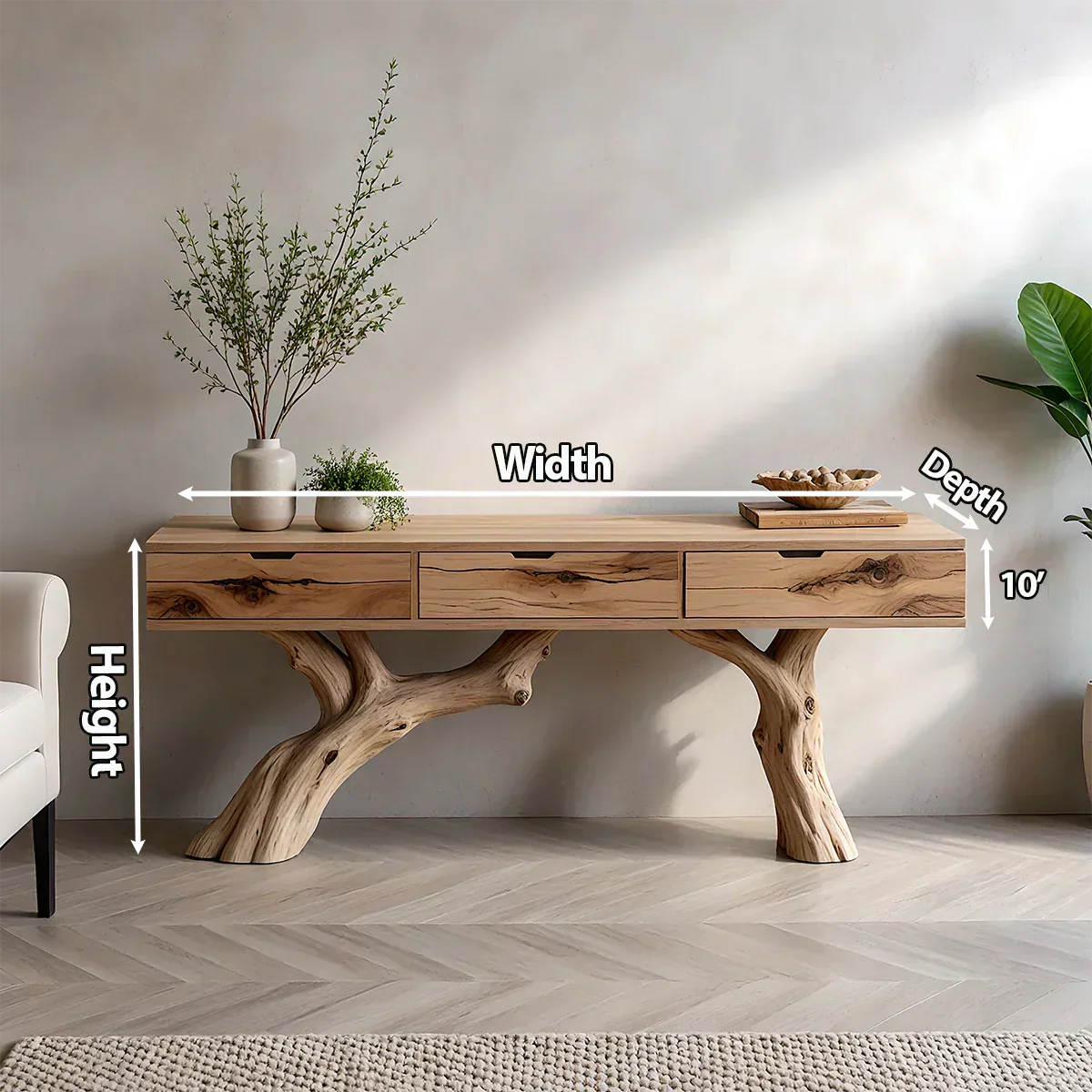 Solid Wood Console Table with Branch-Style Base & Hidden Pull Drawers - Rustira