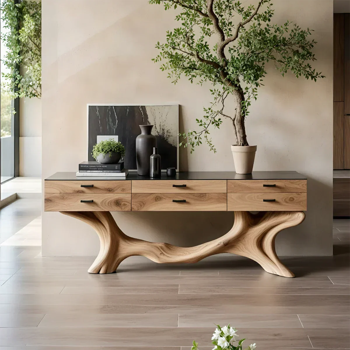 Solid Wood Console Table with Sculpted Branch-Form Base & Drawers - Rustira