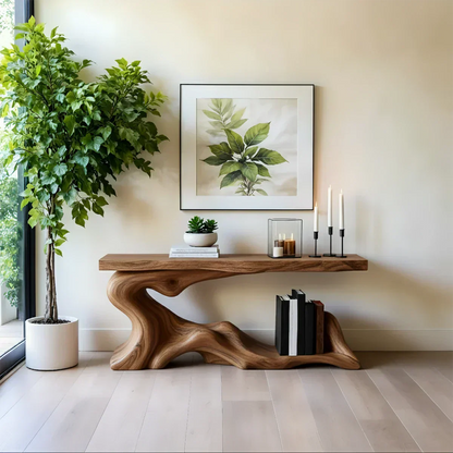 Solid Wood Console Table with Sculpted Wave-Form Base - Rustira