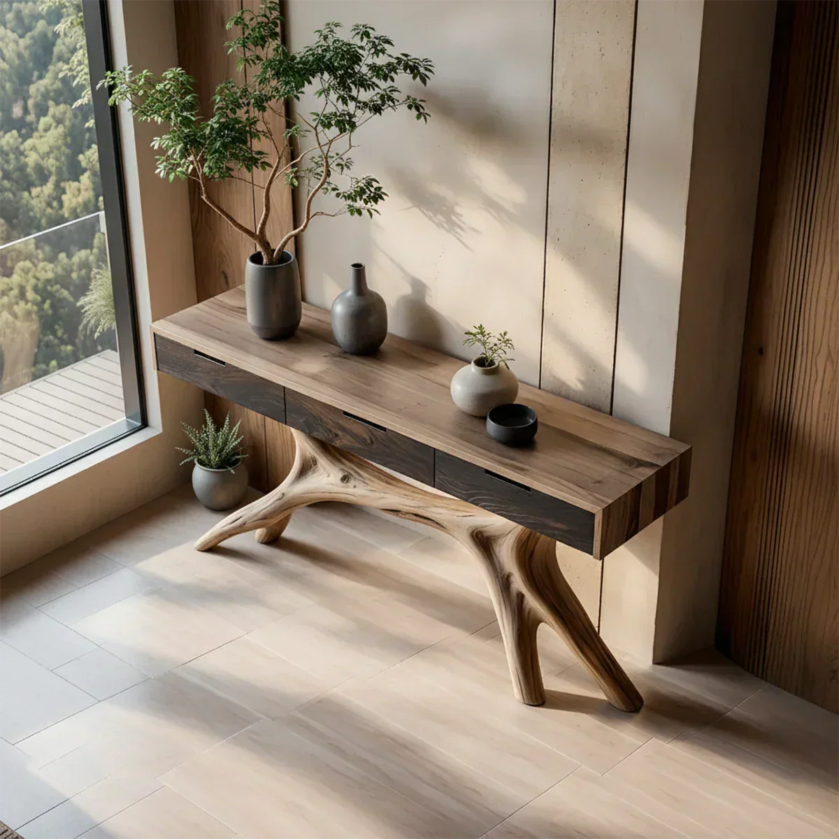 Solid Wood Console Table with Sculptural Branch-Form Base & Drawers - Rustira