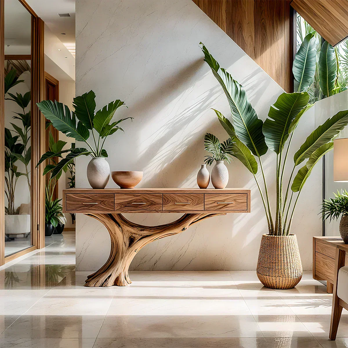 Solid Wood Console Table with Sculptural Tree-Inspired Base & Drawers - Rustira