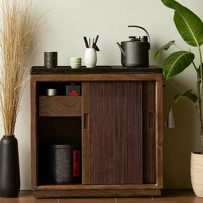 Solid Wood Tea Cabinet – Sliding Door Asian Style Design - Rustira