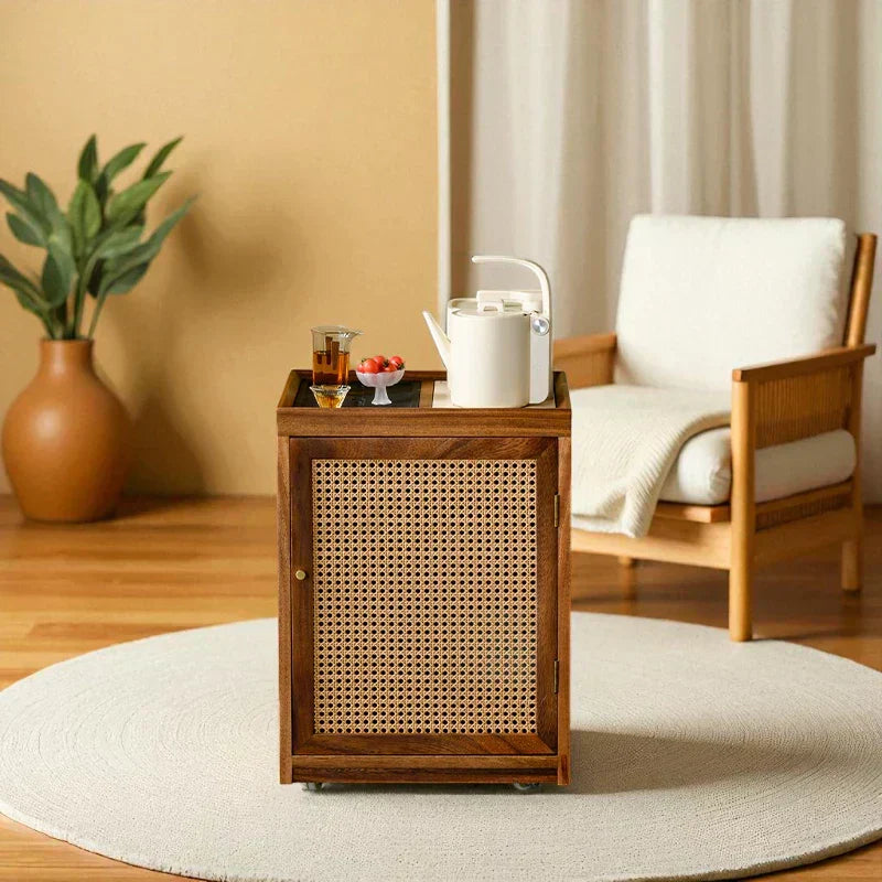 Wooden Tea Cabinet with Rattan Door – Portable Solid Wood - Rustira