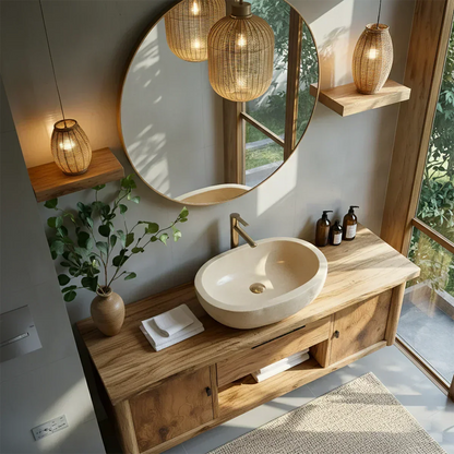 Zenwood Bathroom Vanity – Natural Solid Wood Japandi Cabinet - Rustira