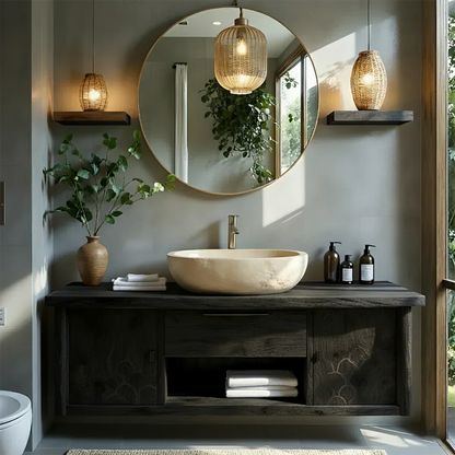 Zenwood Bathroom Vanity – Natural Solid Wood Japandi Cabinet - Rustira